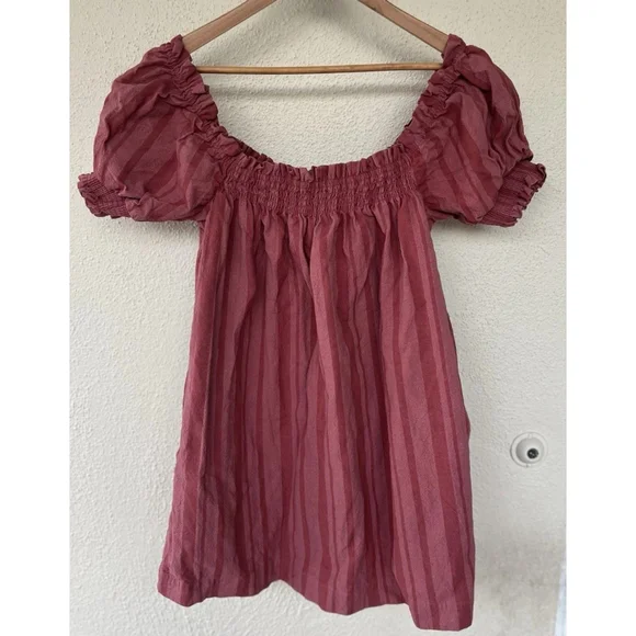 Free People Moana Stripe Puff Sleeve Mini Dress Medium Babydoll Square Neck - Picture 4 of 7